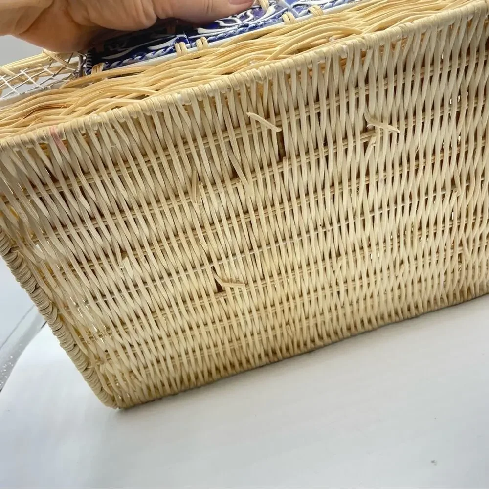 Vintage Three Piece Rectangle Woven Basket With Blue Porcelain Tile Accents